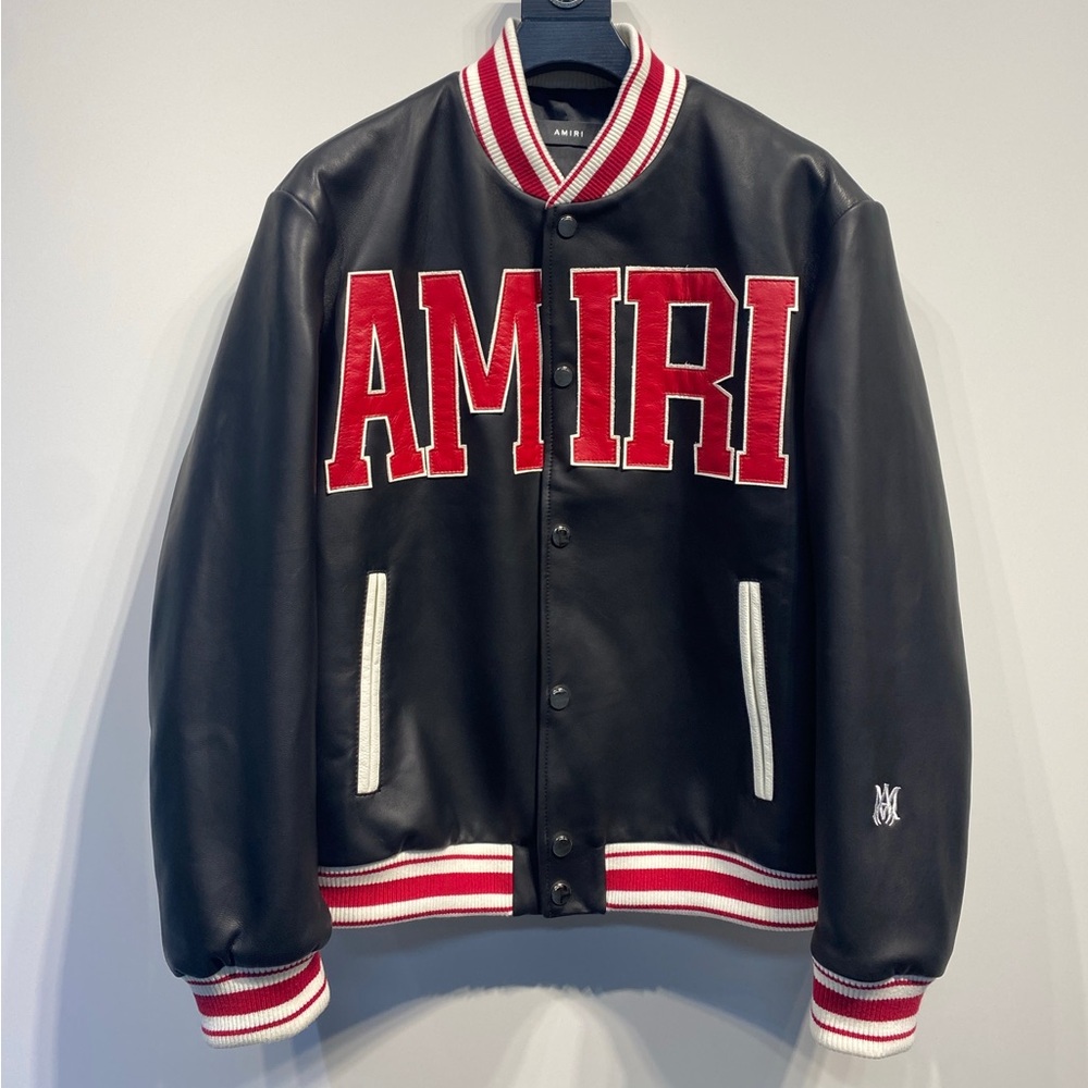 AMIRI Black Leather Varsity Jacket with Red Lettering